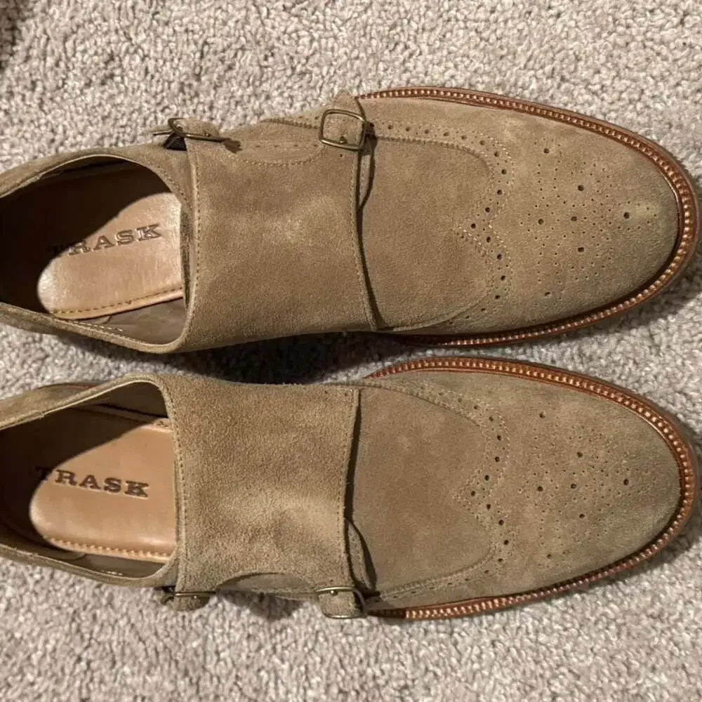 Trask Suede Double Monk Strap Wingtip Shoes